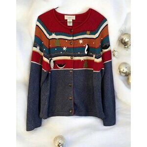 ⭐Susan Bristol Vintage Cottage Core Christmas Sweater Embroidered Penguin PLarge